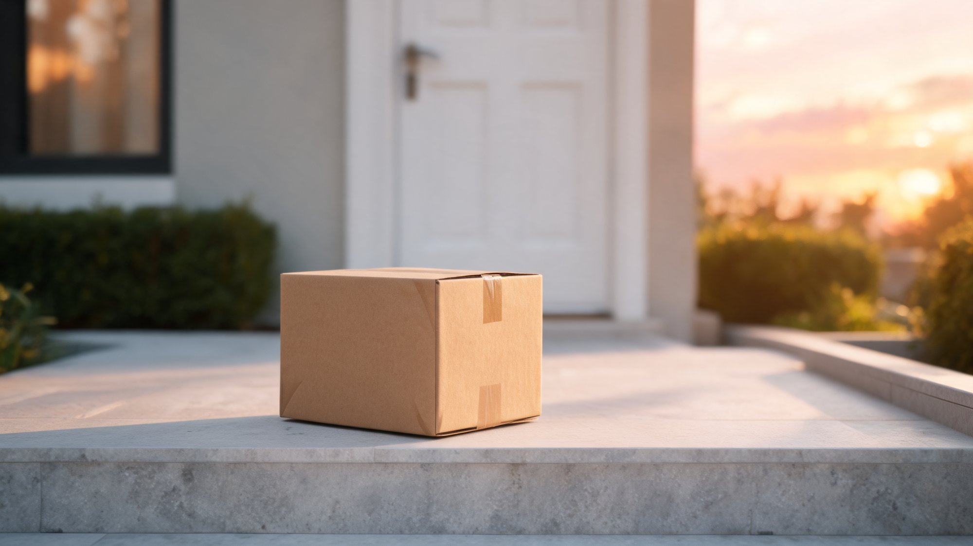 An unbranded parcel resting on a modern doorstep at golden hour, representing the post-purchase delivery experience