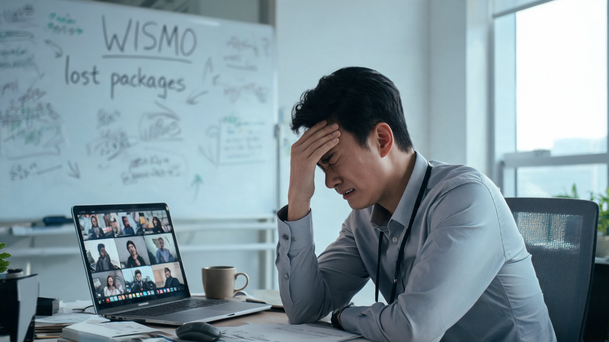 Stressed e-commerce operations manager on a video call with a whiteboard of WISMO and lost-package notes behind them