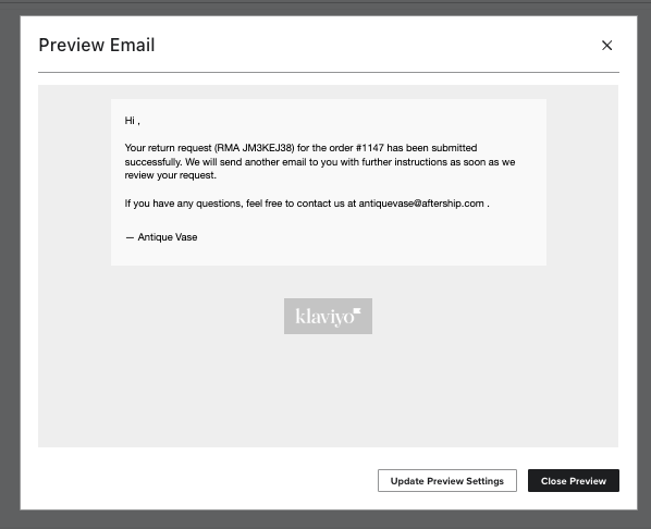 Klaviyo notification preview triggered by an AfterShip Returns return-request-submitted event for an order.
