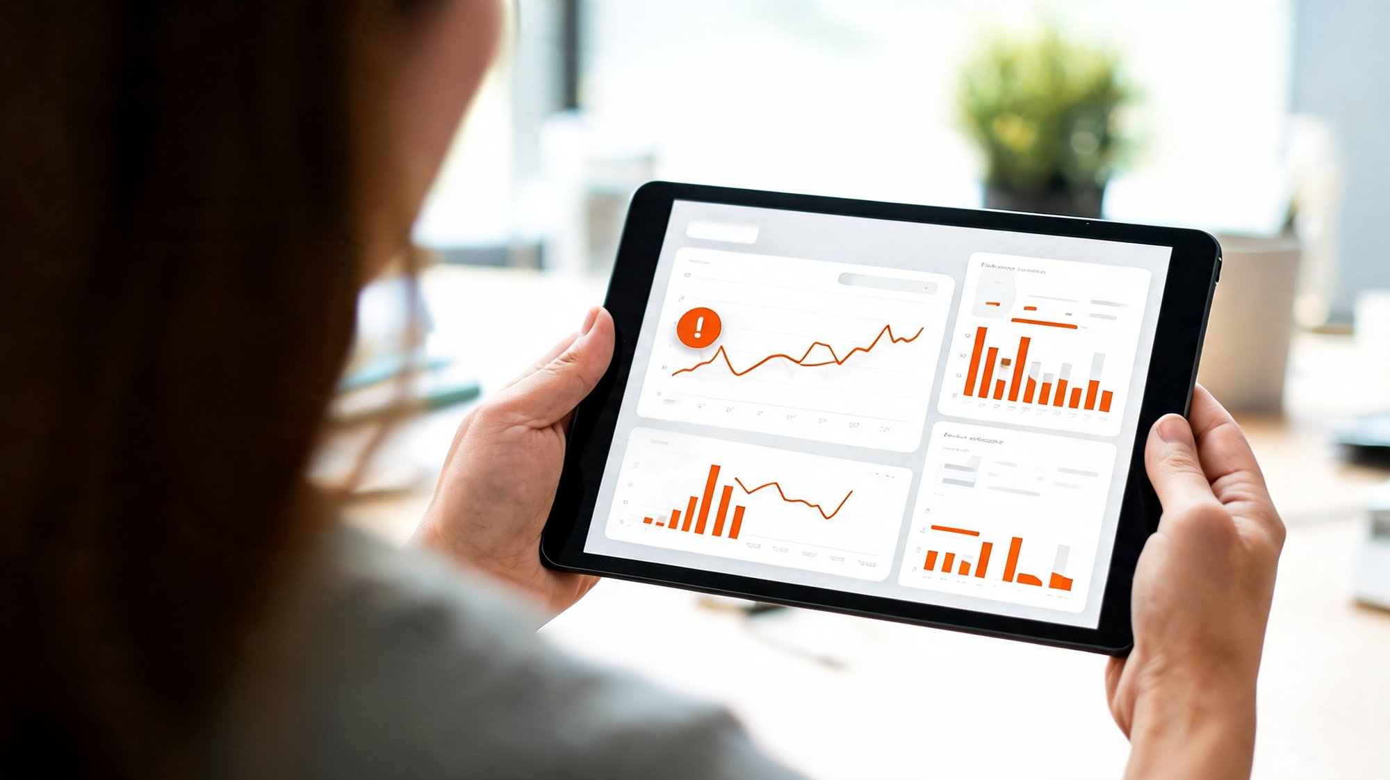 Conceptual image of an operations manager reviewing a logistics performance dashboard on a tablet, with a delivery exception alert flagged.