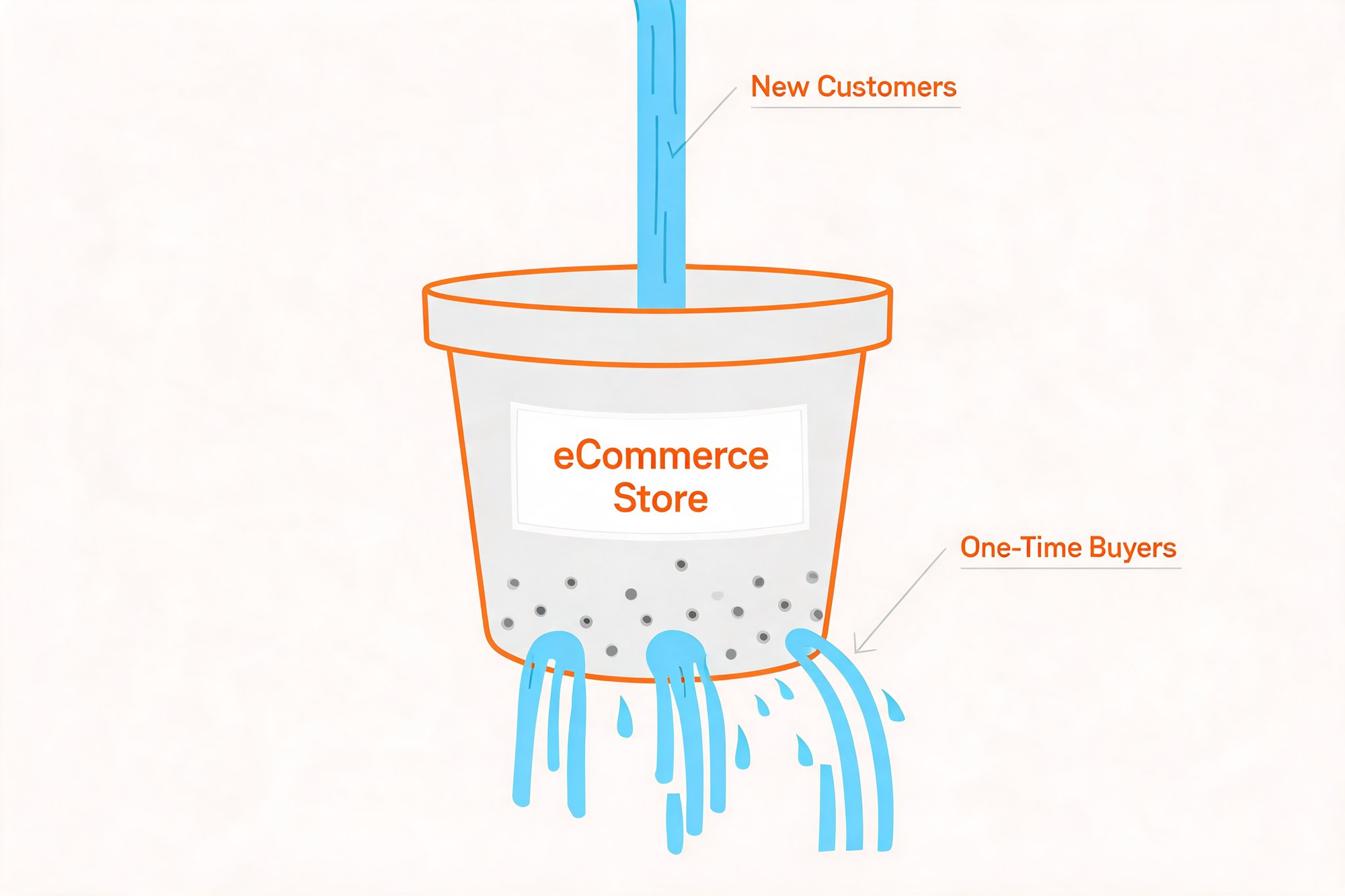 Metal bucket labeled eCommerce Store: New Customers pour in the top while One-Time Buyers leak out holes in the bottom.