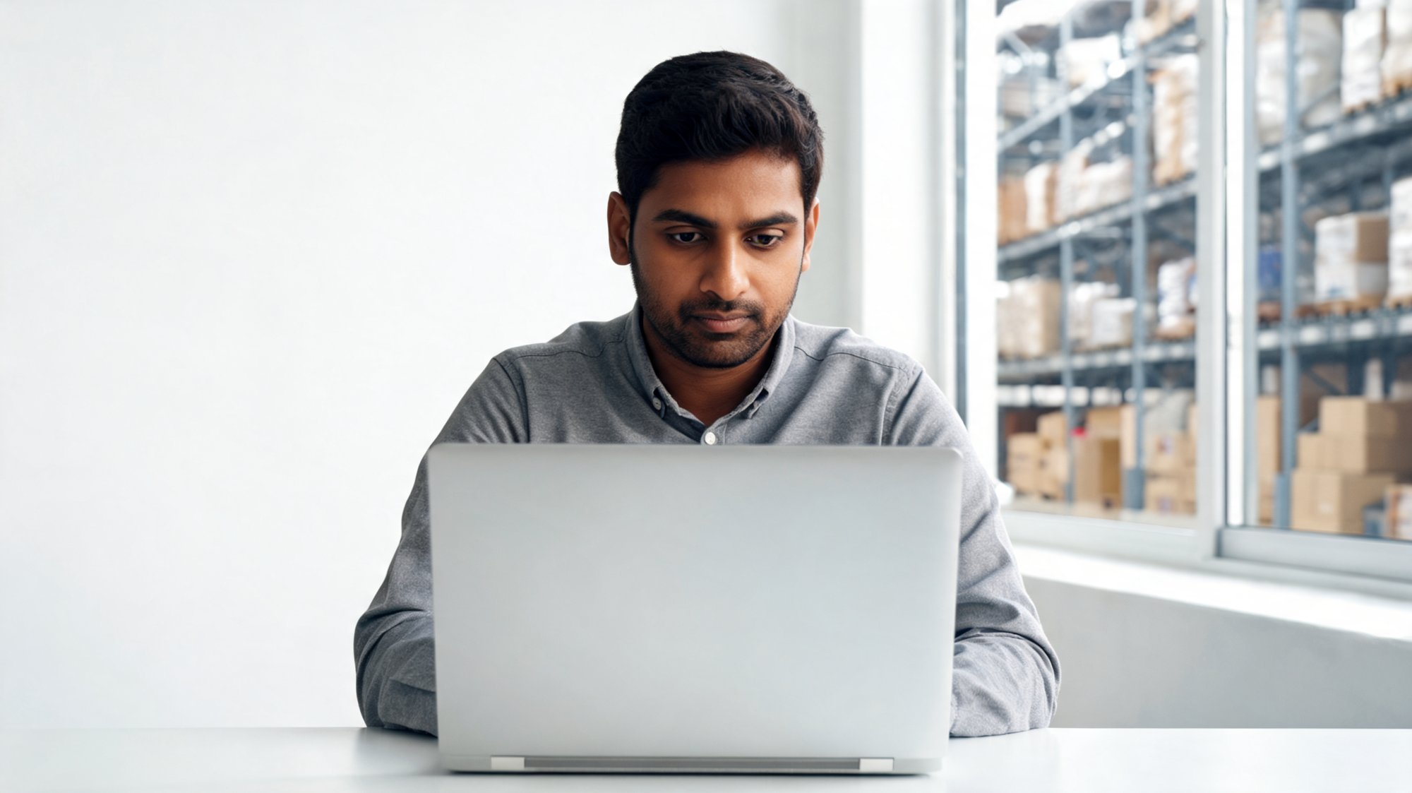 Logistics manager reviewing rising shipping cost data on a laptop with a fulfillment warehouse in the background