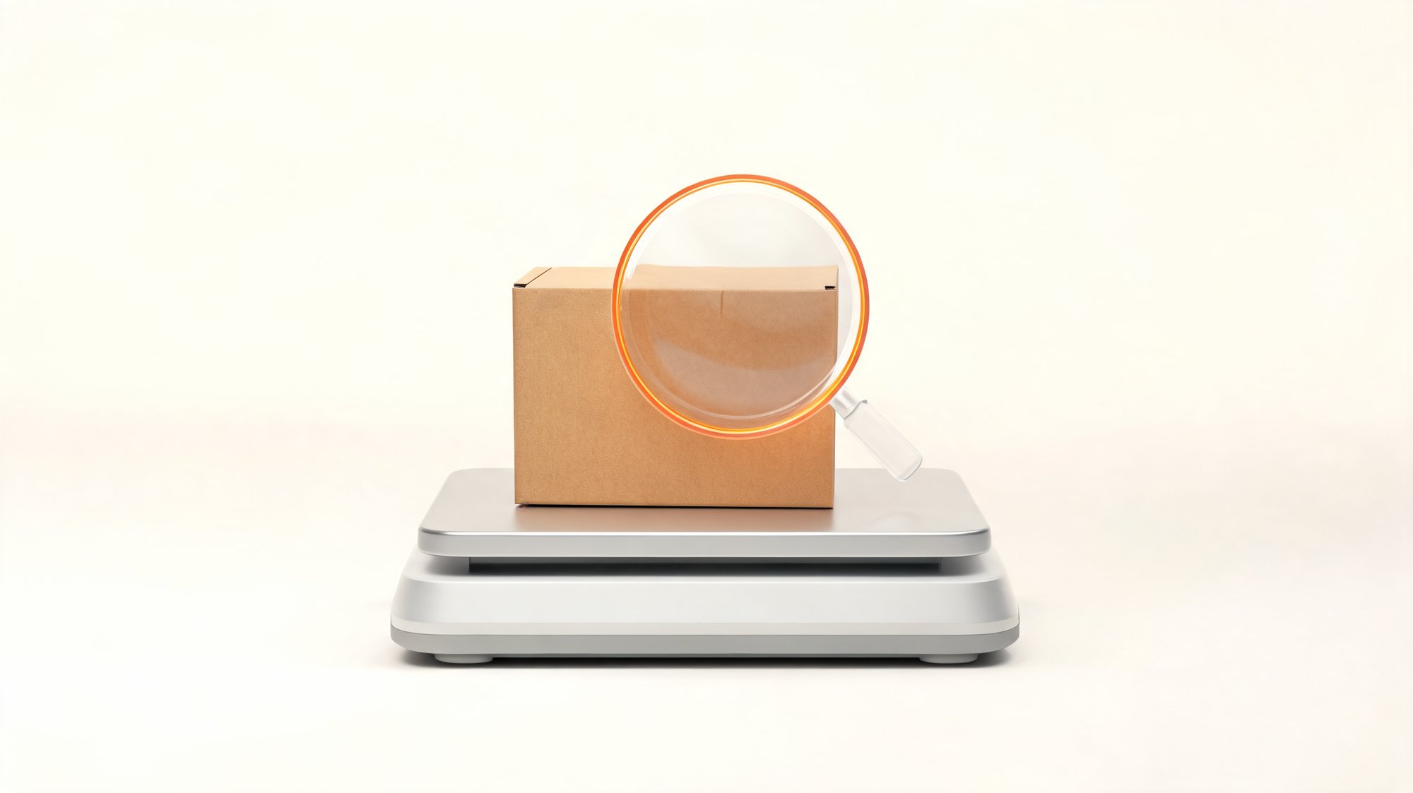 Cardboard parcel on a precision shipping scale under a magnifier, representing surcharge-accurate shipping rate checking.