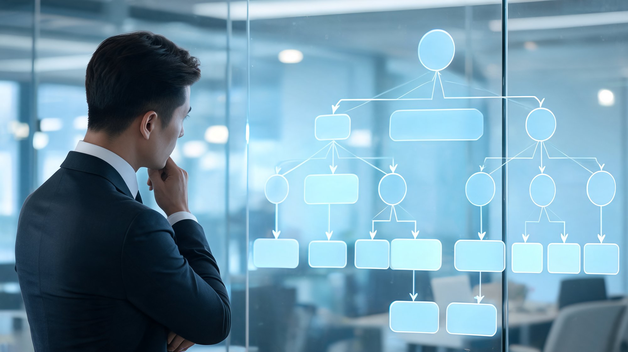 A CX director studies a branching decision-tree diagram of nodes and connecting lines on a glass screen in a modern office