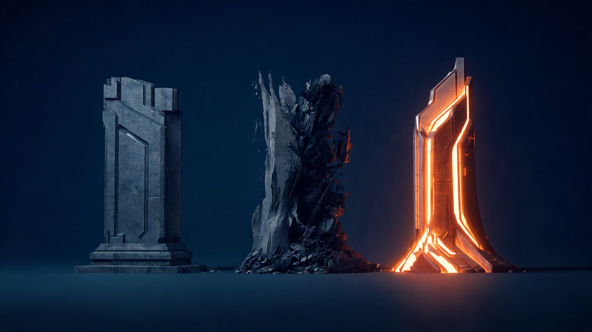 Three abstract forms: one greying, one absorbed into a larger mass, one sleek and rising with a warm orange glow