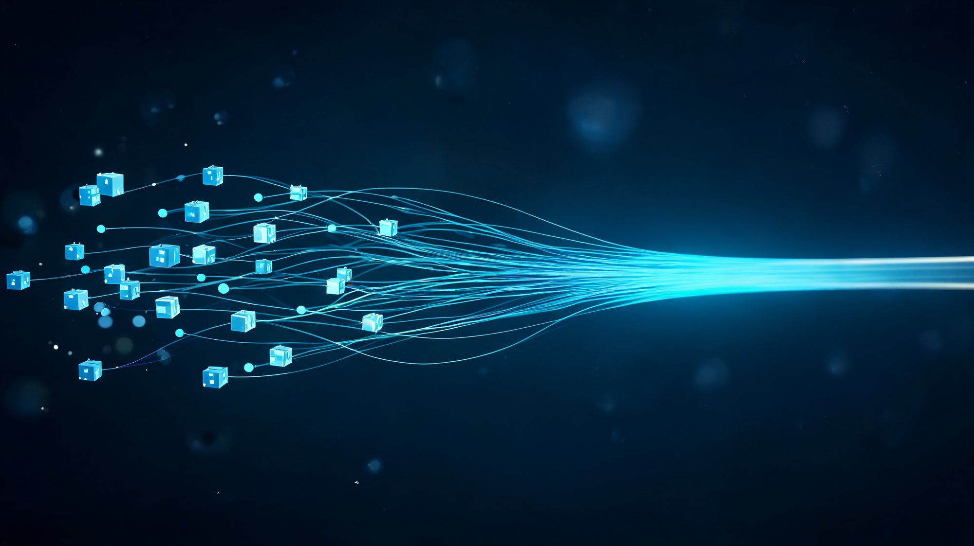Abstract data streams from many carrier nodes converging into one clean, stable flow on a dark slate backdrop.