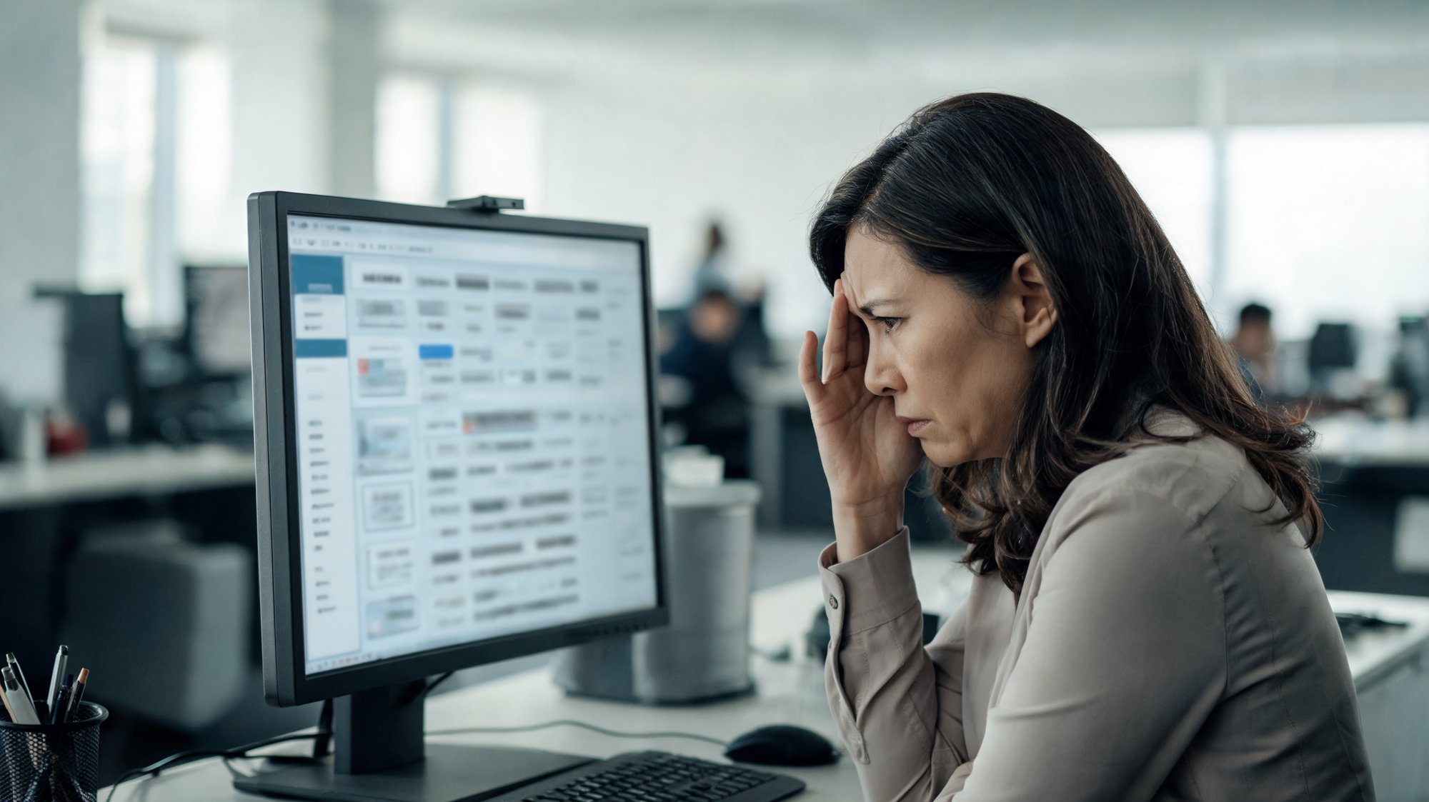 Stressed female CX manager seen from the side viewing the front of one monitor showing a crowded, blurred ticket queue