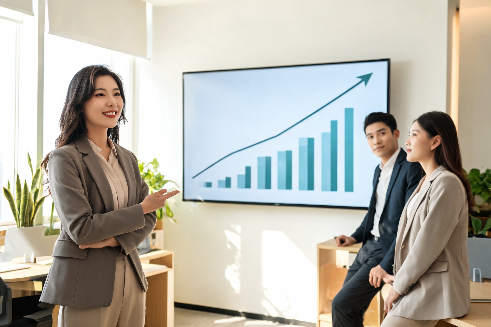 A marketing manager presents upward-trending growth and retention charts on a large screen to colleagues in a bright modern e-commerce office.