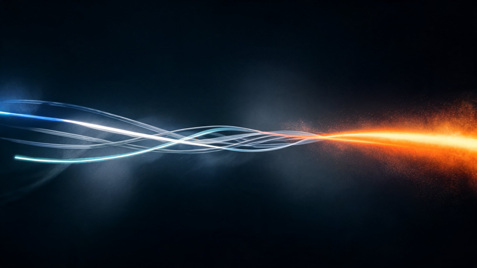 Four cool-toned light paths on the left converge into one bright orange route resolving to the right, on dark charcoal.