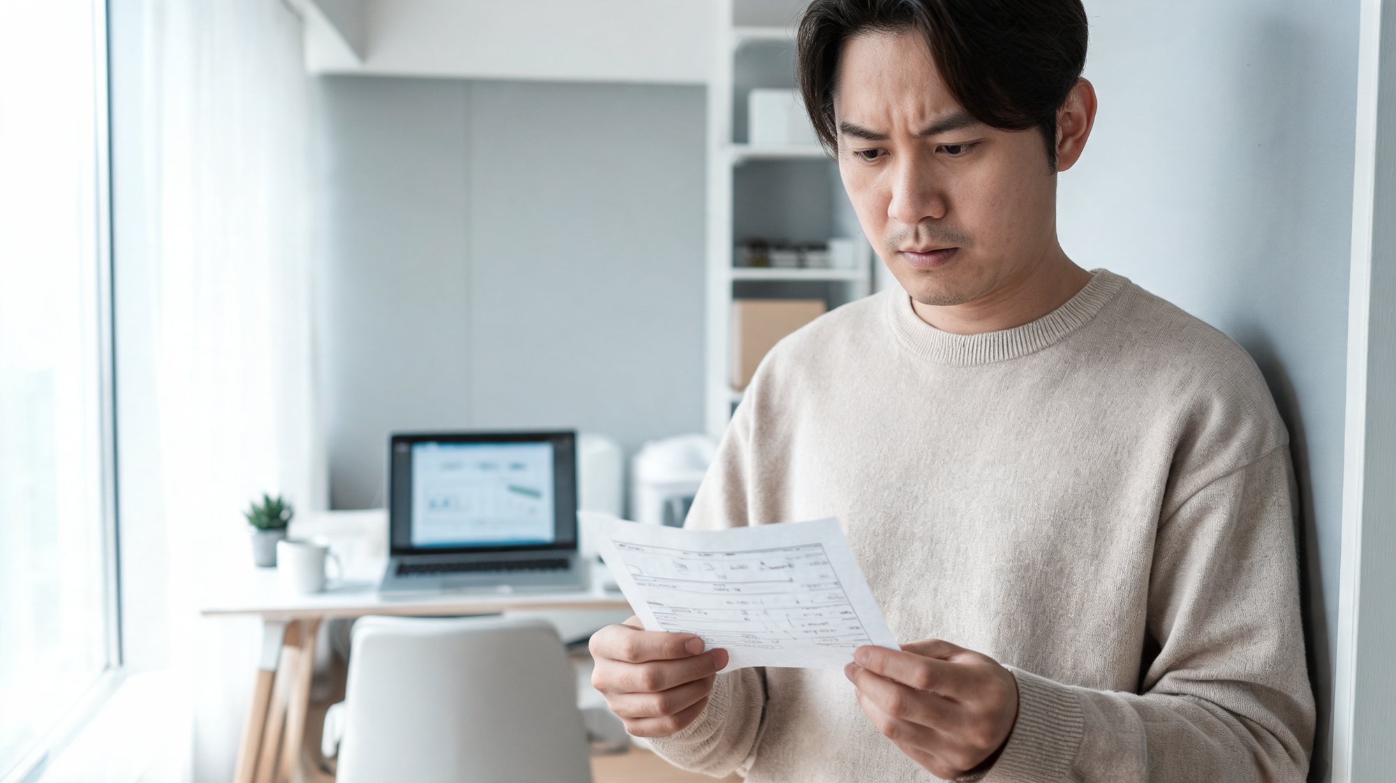 An ecommerce business owner in a modern office studies a printed shipping invoice with a concerned expression, while a laptop showing an out-of-focus financial dashboard sits on the desk behind them
