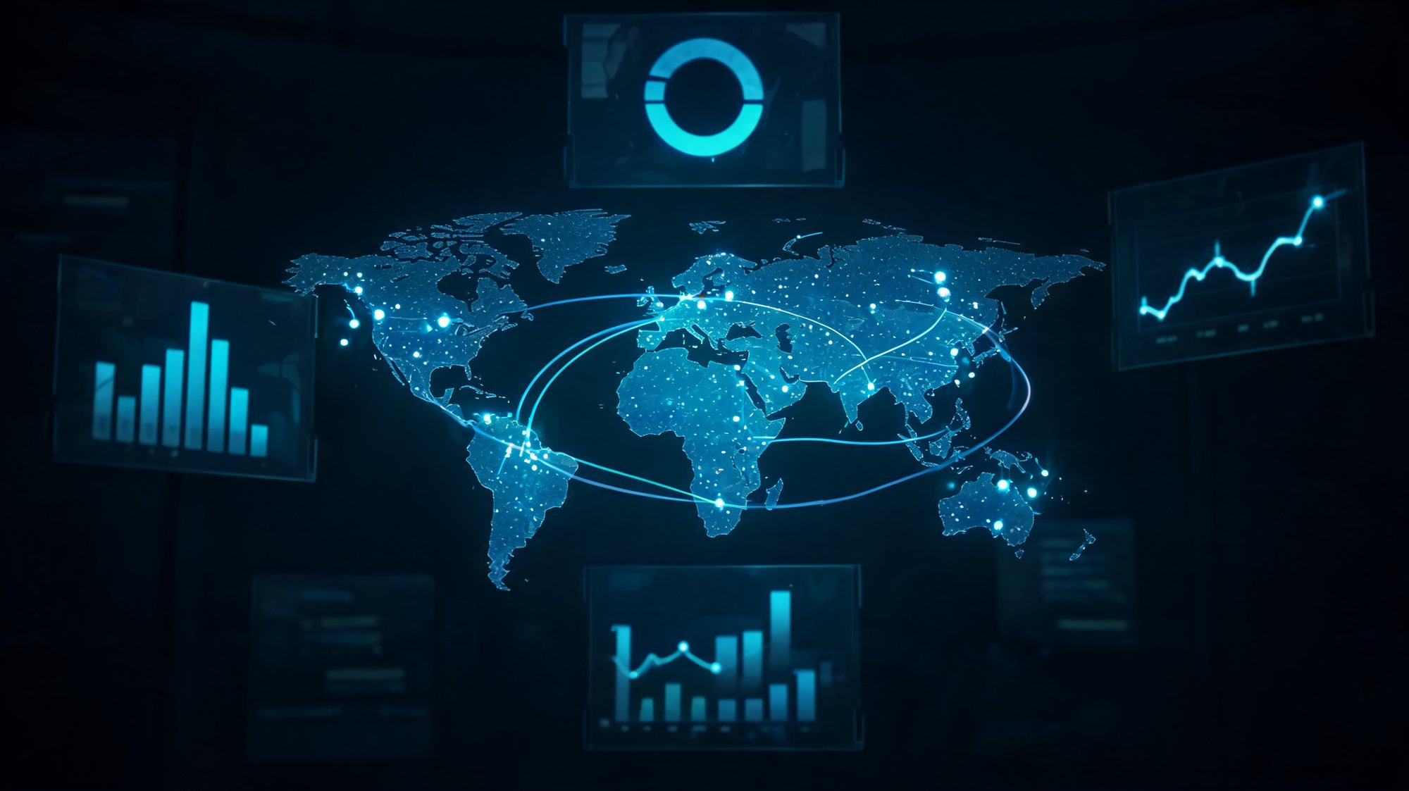 Dark-mode logistics control tower with a glowing holographic world map, arcing shipping routes between illuminated city nodes, and abstract chart panels
