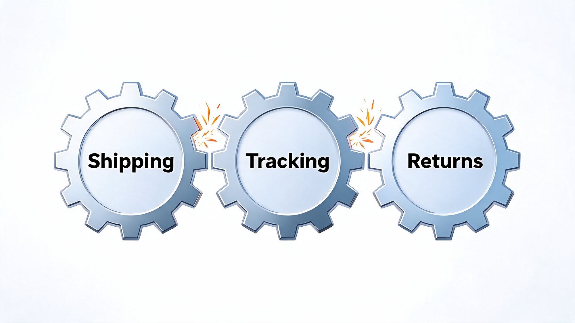 Three separate gears labeled Shipping, Tracking, and Returns that fail to mesh, illustrating disconnected post-purchase tools.