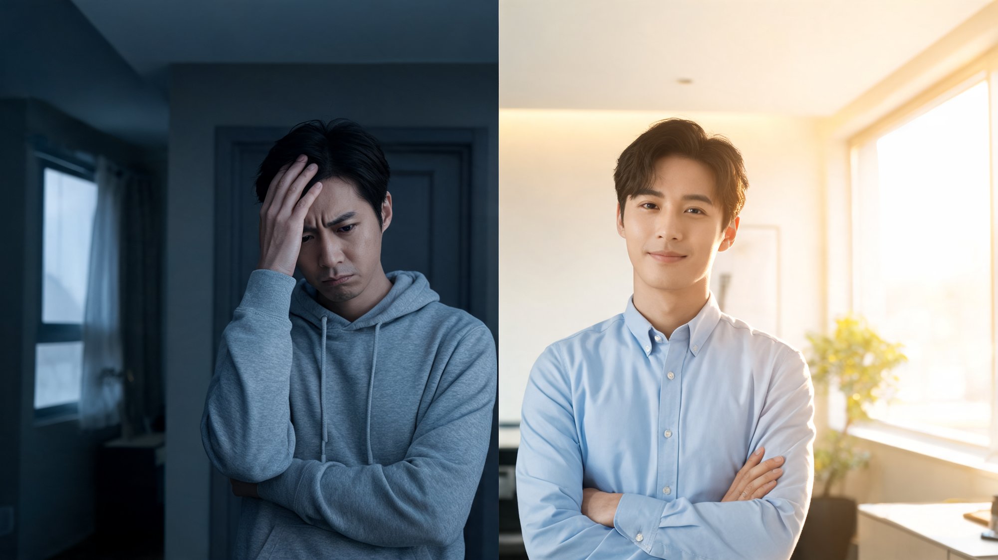 Split-screen: a frustrated customer waiting anxiously at home beside a calm, confident operations manager in a bright office.