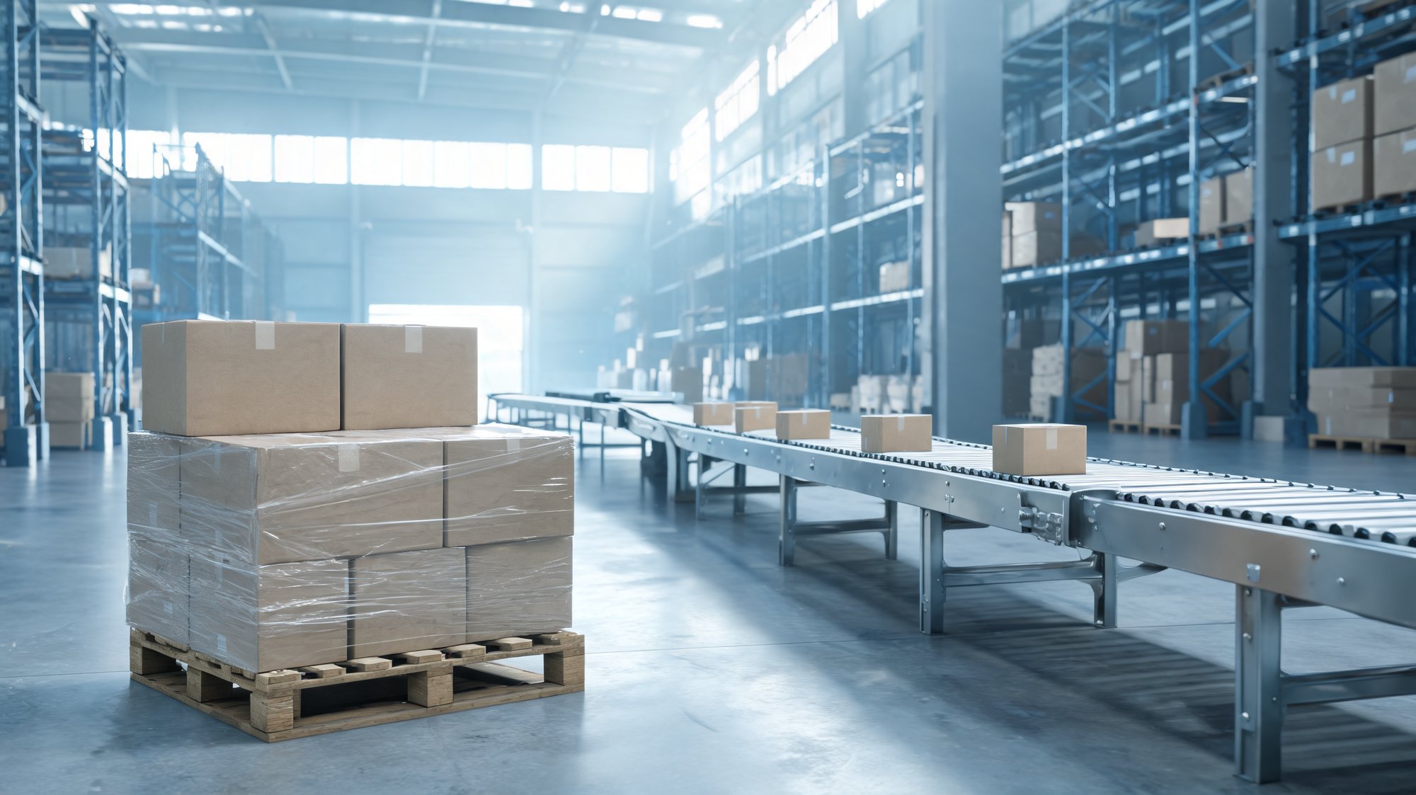 Modern warehouse with a pallet of freight boxes beside a conveyor belt of parcels.