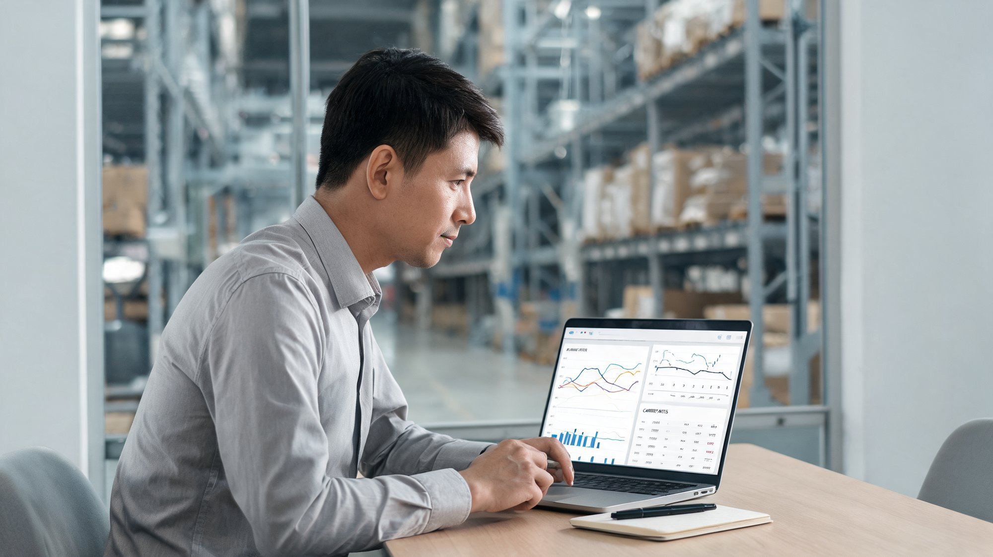 Operations manager calmly reviewing a shipping dashboard on a laptop in a modern warehouse office
