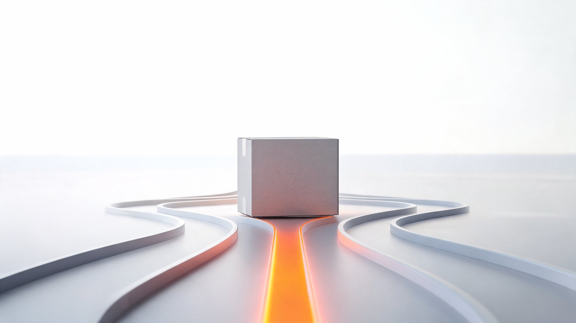 Isometric render of a shipping parcel at a junction of glowing carrier lanes, with one orange lane highlighted as the chosen lowest-cost route