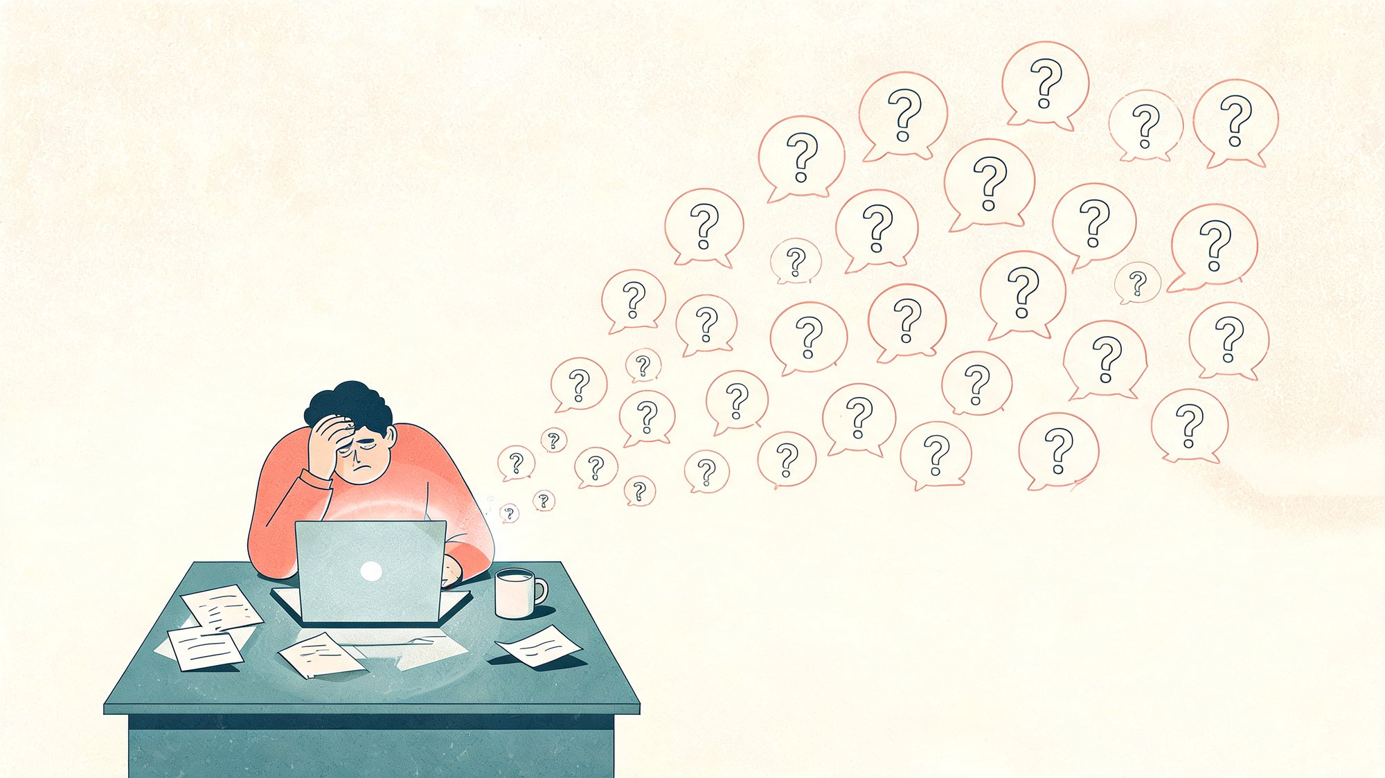 Overwhelmed online store owner at a laptop surrounded by customer question marks