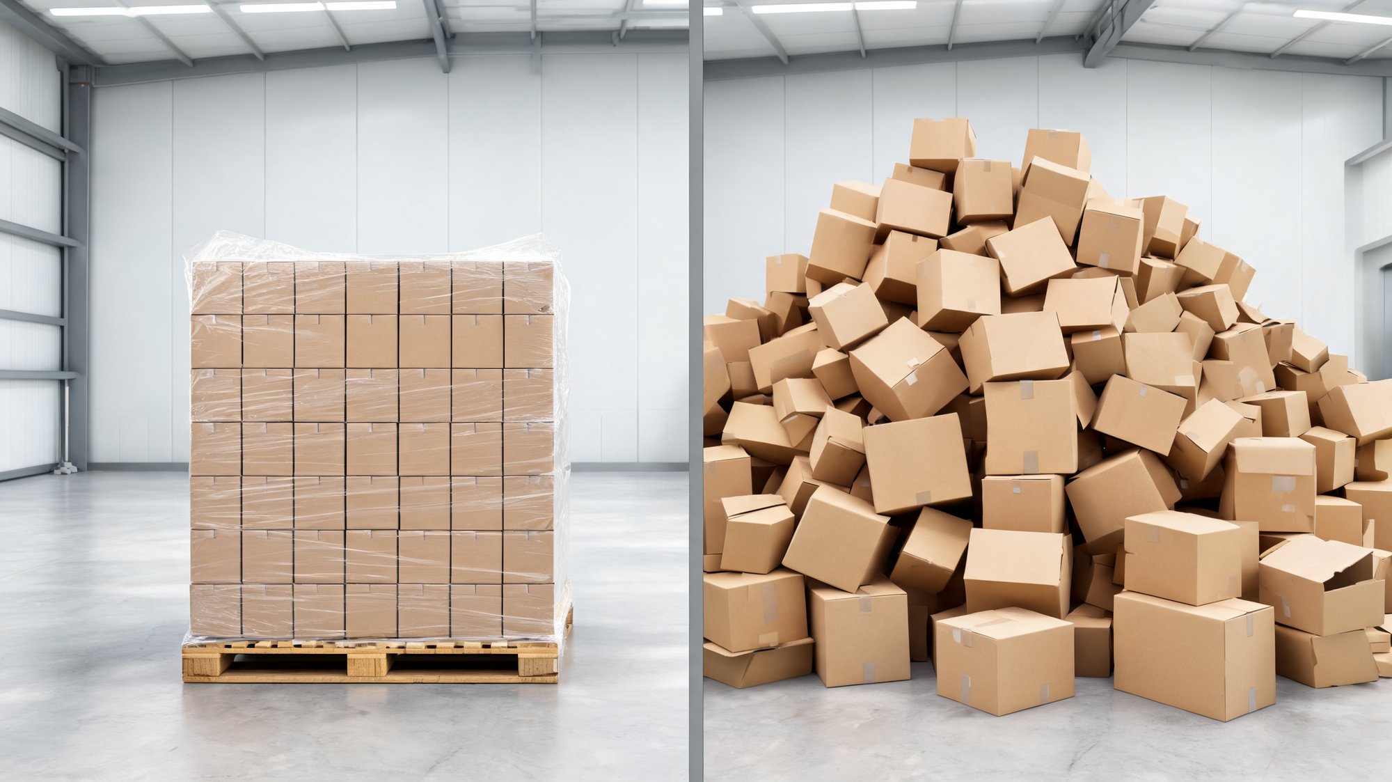A shrink-wrapped pallet of neatly stacked boxes beside a messy pile of loose cardboard boxes in a warehouse.