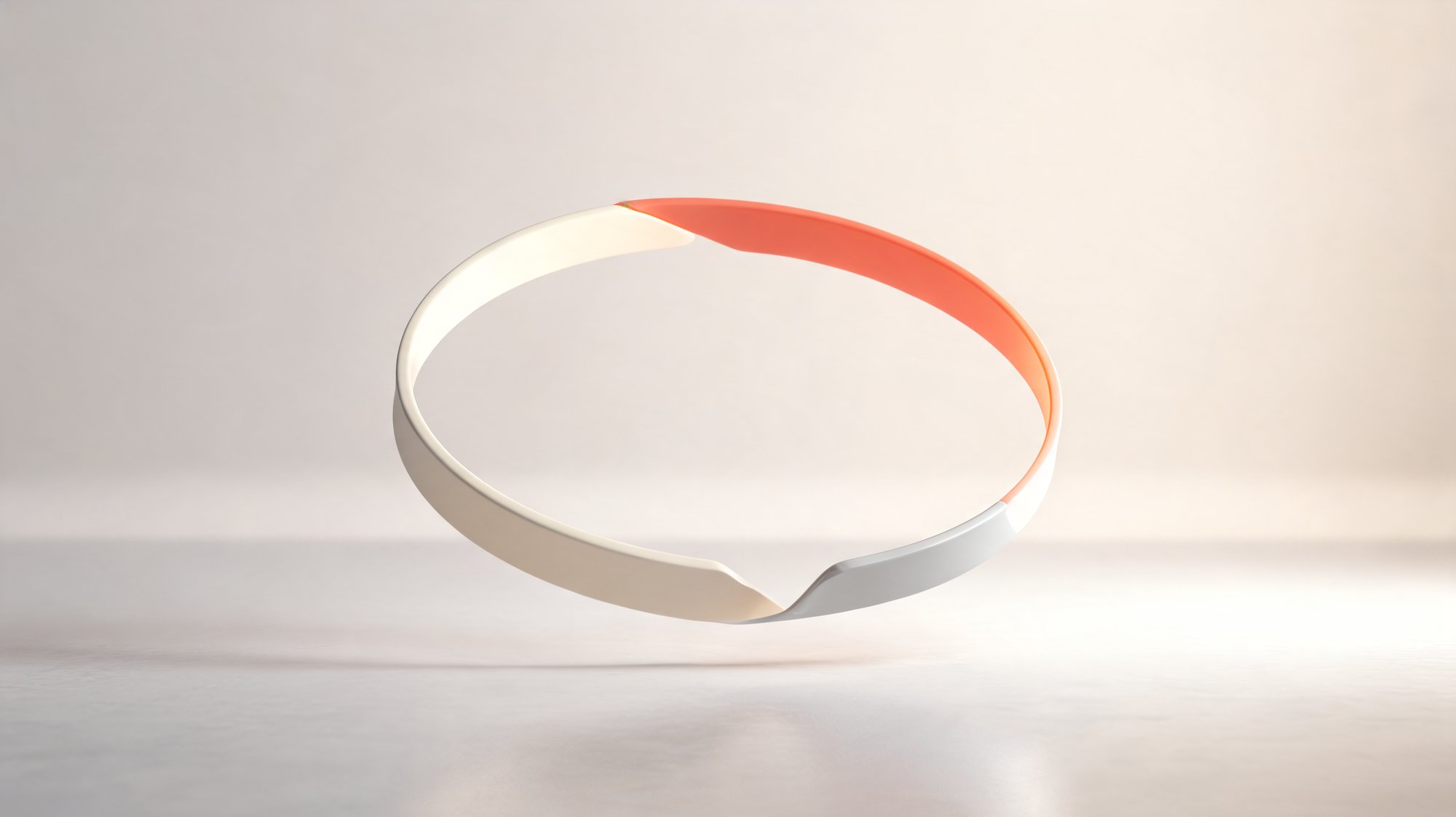 A single smooth ribbon forming one closed loop in cream and grey with a glowing coral segment.
