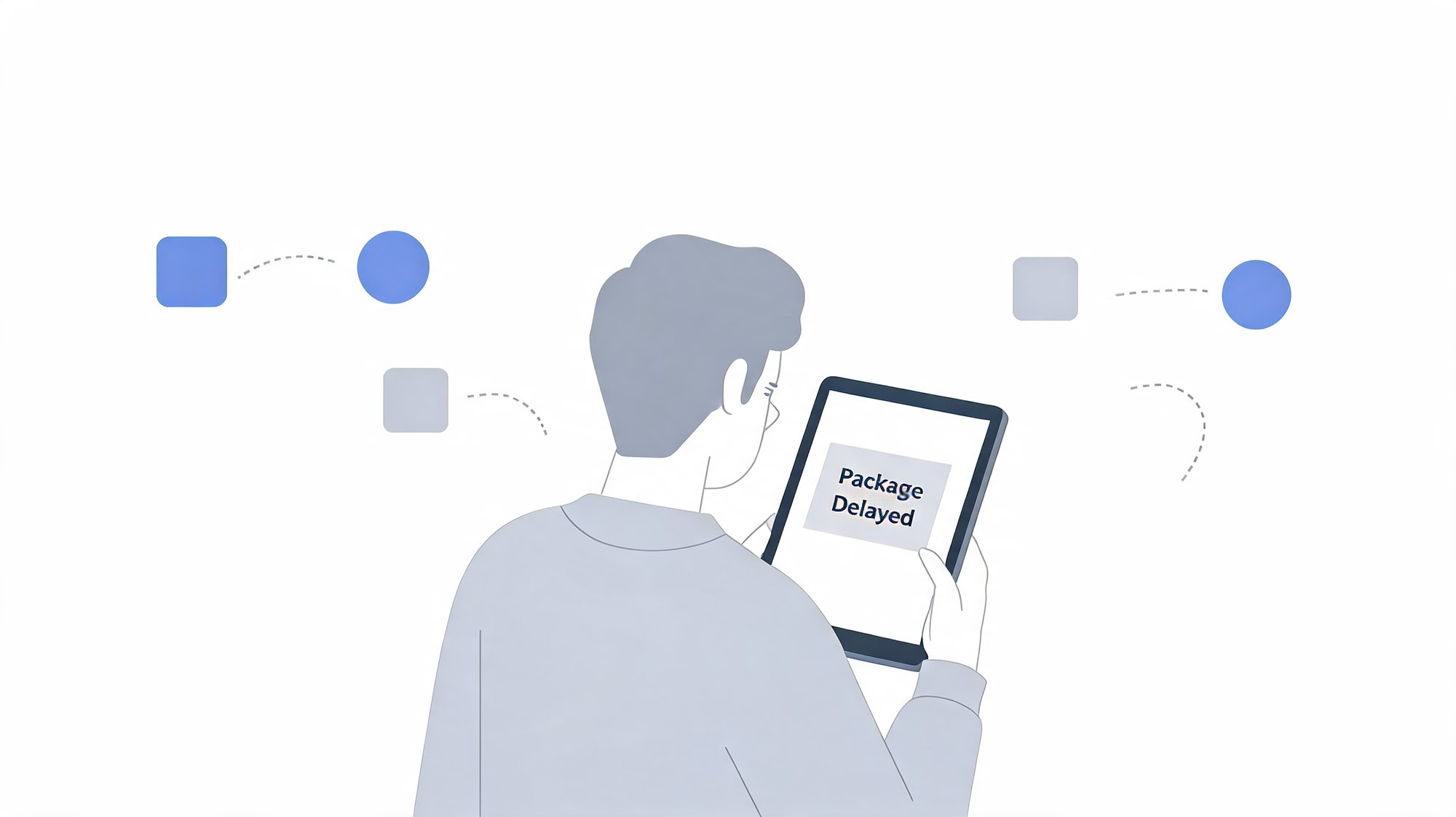 Over-the-shoulder view of a shopper looking down at a tablet that reads 'Package Delayed', with a few scattered, disconnected shipping-data icons around them