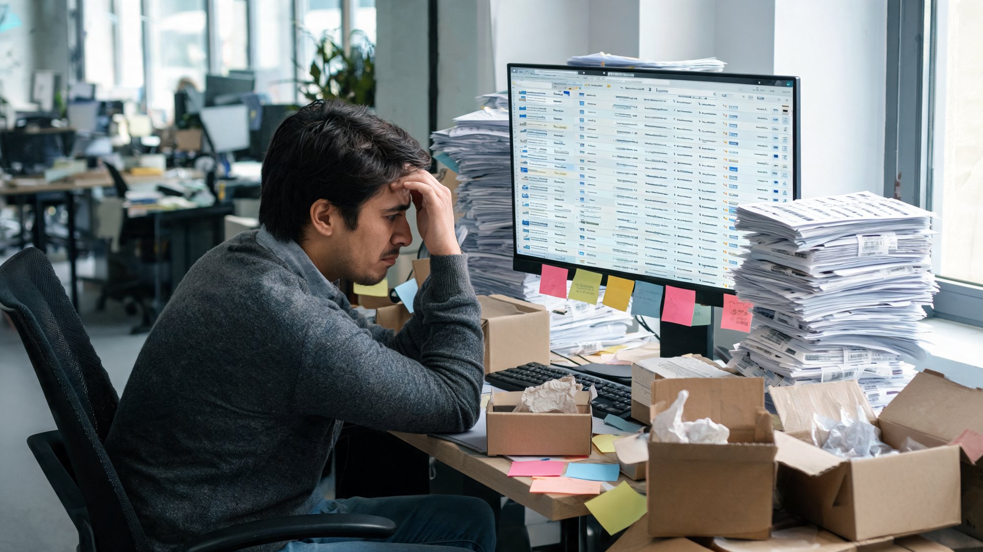 Stressed e-commerce support manager at a messy desk with shipping labels, return boxes, and an overflowing inbox