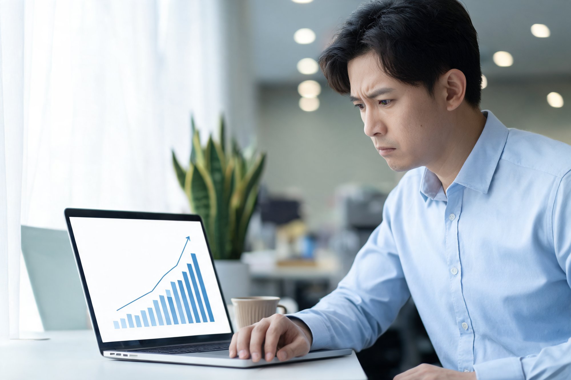 eCommerce marketer looking concerned at a laptop showing a rising cost chart