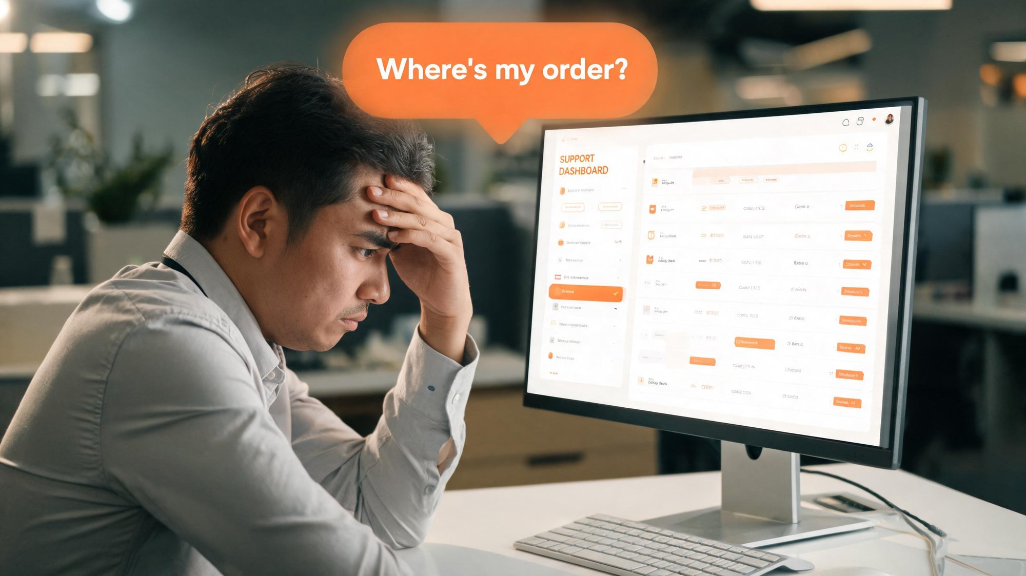 Stressed operations manager facing a 'Where's my order?' support message