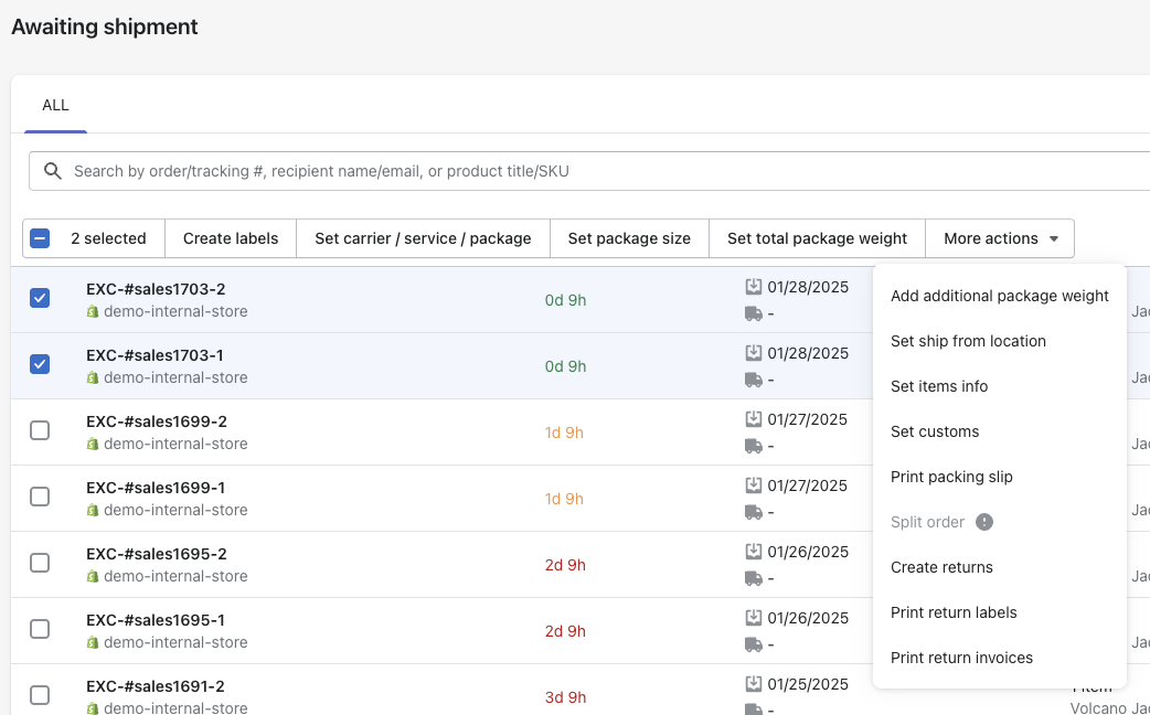 One order queue in AfterShip Shipping where label creation, carrier selection and return actions run against the same orders.