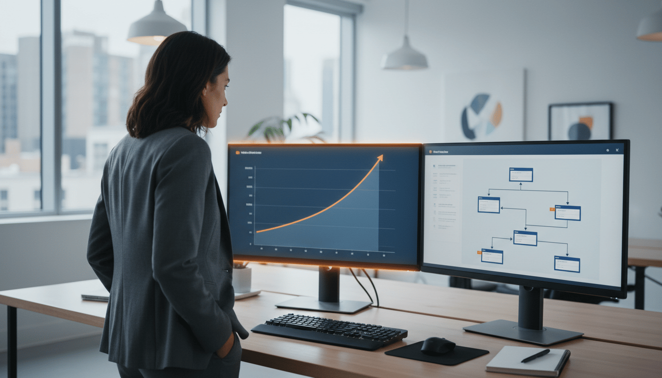 An operations manager comparing a sales growth chart with a returns workflow on two monitors