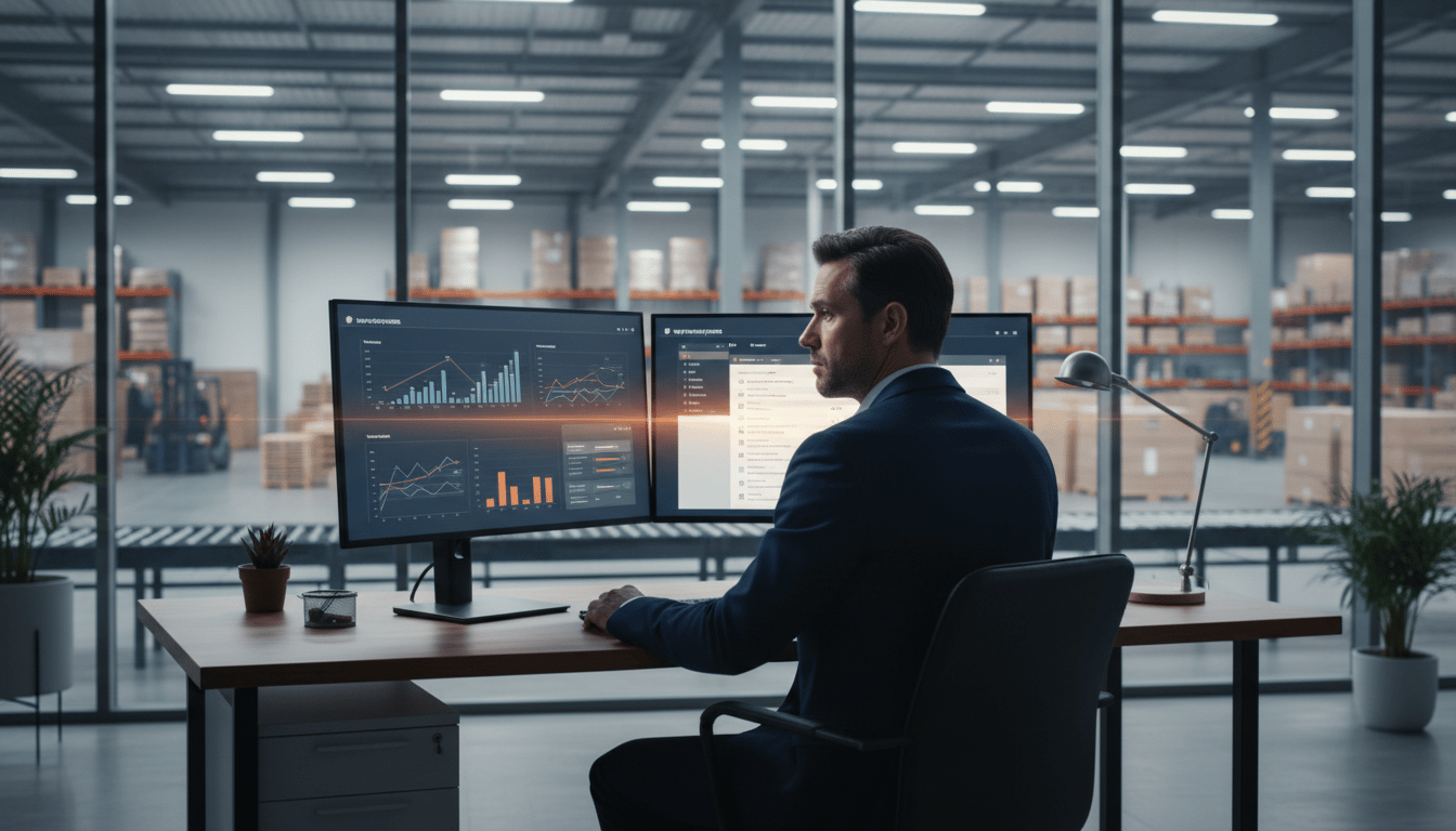 A logistics director at a desk with two monitors, one showing freight performance charts and the other a customer support queue, with a warehouse floor visible through glass behind.
