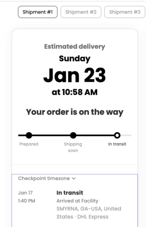 AfterShip branded tracking page showing a parcel shipment at the normalized status In transit, with DHL Express checkpoints.