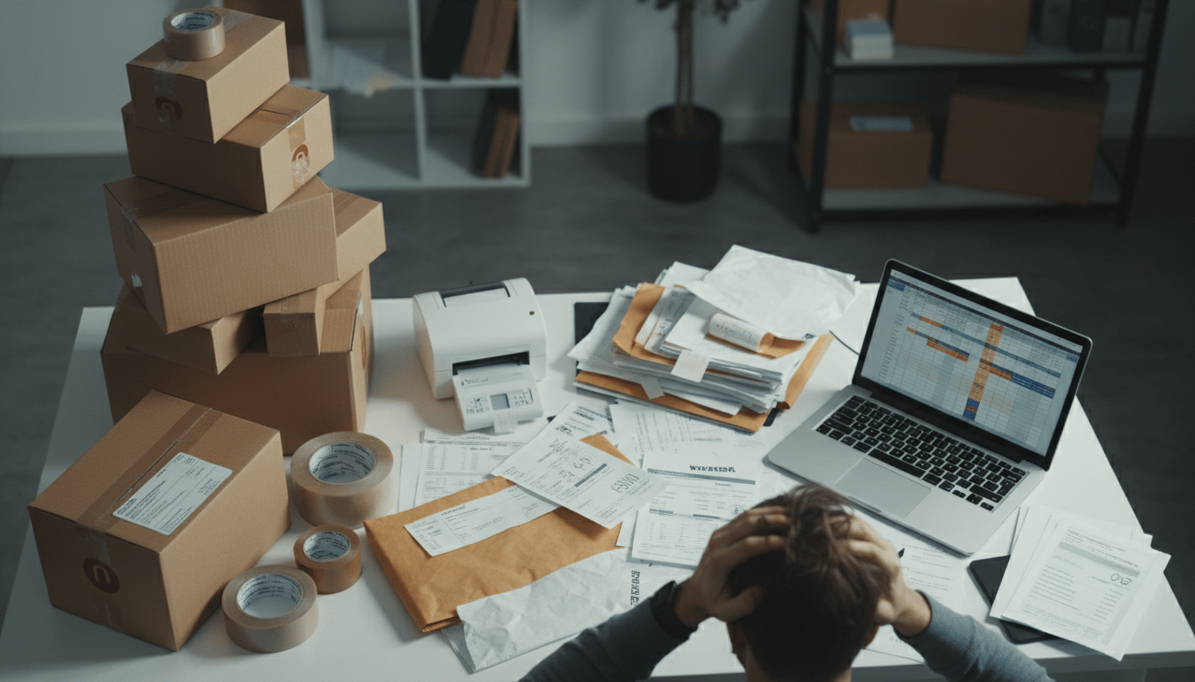 Cluttered desk with shipping boxes and a laptop showing a manual returns spreadsheet