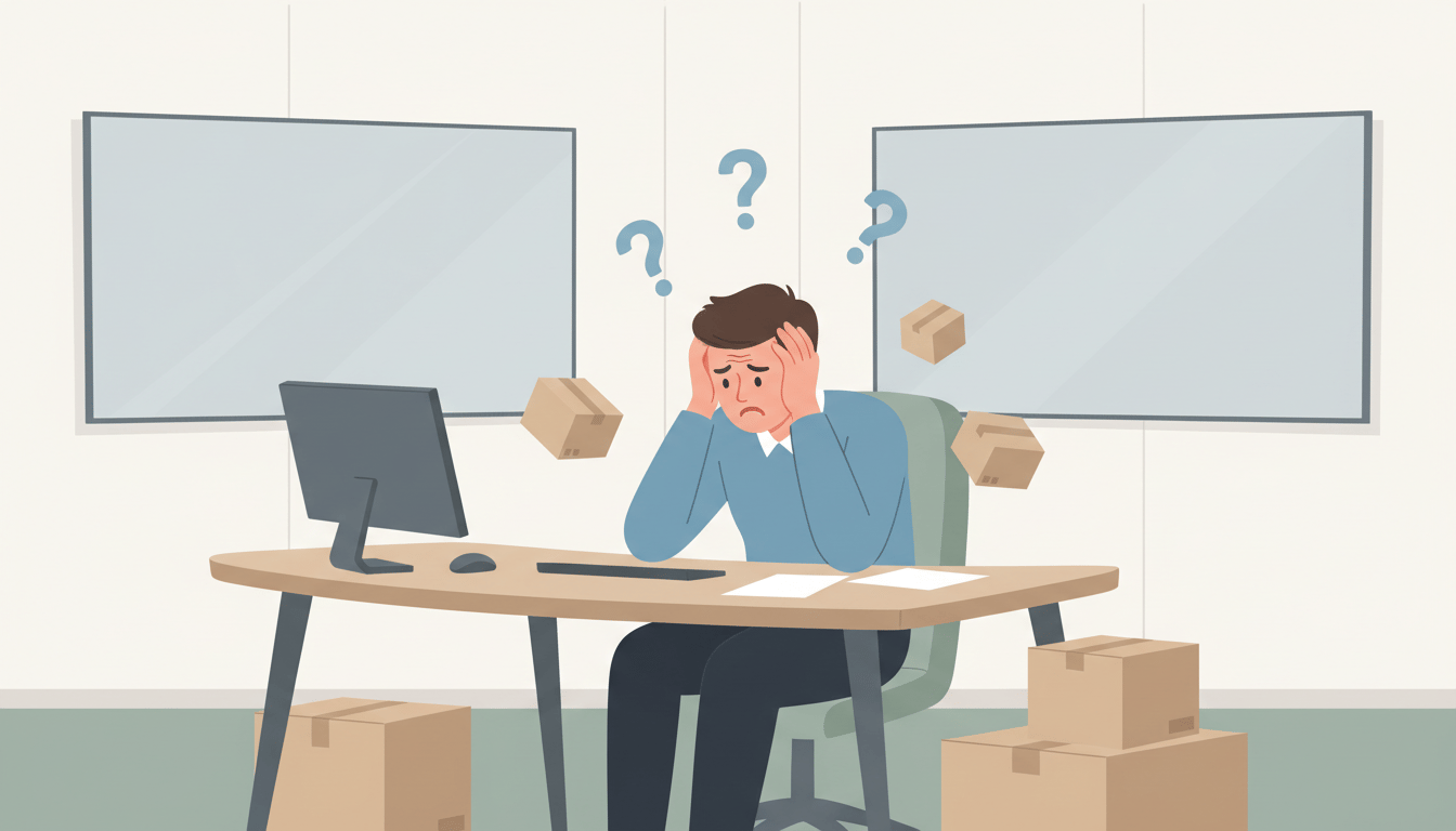 Stylised illustration of a customer experience manager at a desk surrounded by floating question-mark and parcel icons, representing WISMO ticket overload