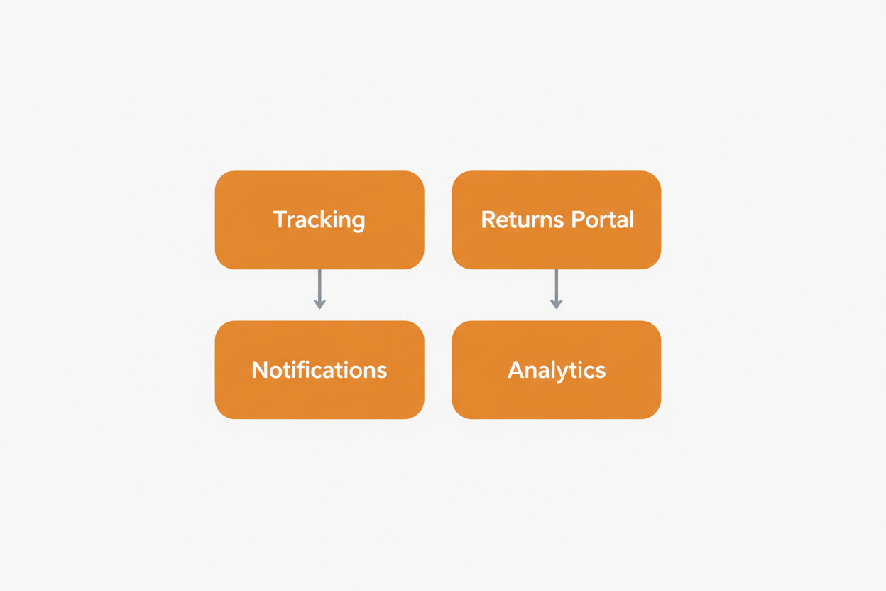 A two by two grid of four orange boxes labelled Tracking, Returns Portal, Notifications and Analytics. An arrow runs down from Tracking to Notifications, and a second arrow runs down from Returns Portal to Analytics.