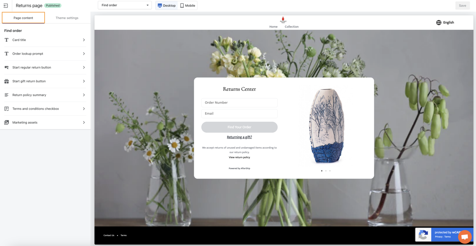 The AfterShip Returns page editor. A Page content panel on the left lists editable elements including the card title, order lookup prompt, return buttons, return policy summary and marketing assets, next to a Theme settings tab. A live preview on the right shows a branded returns page carrying the store's own header, photography and a Returns Center card asking for an order number and email.