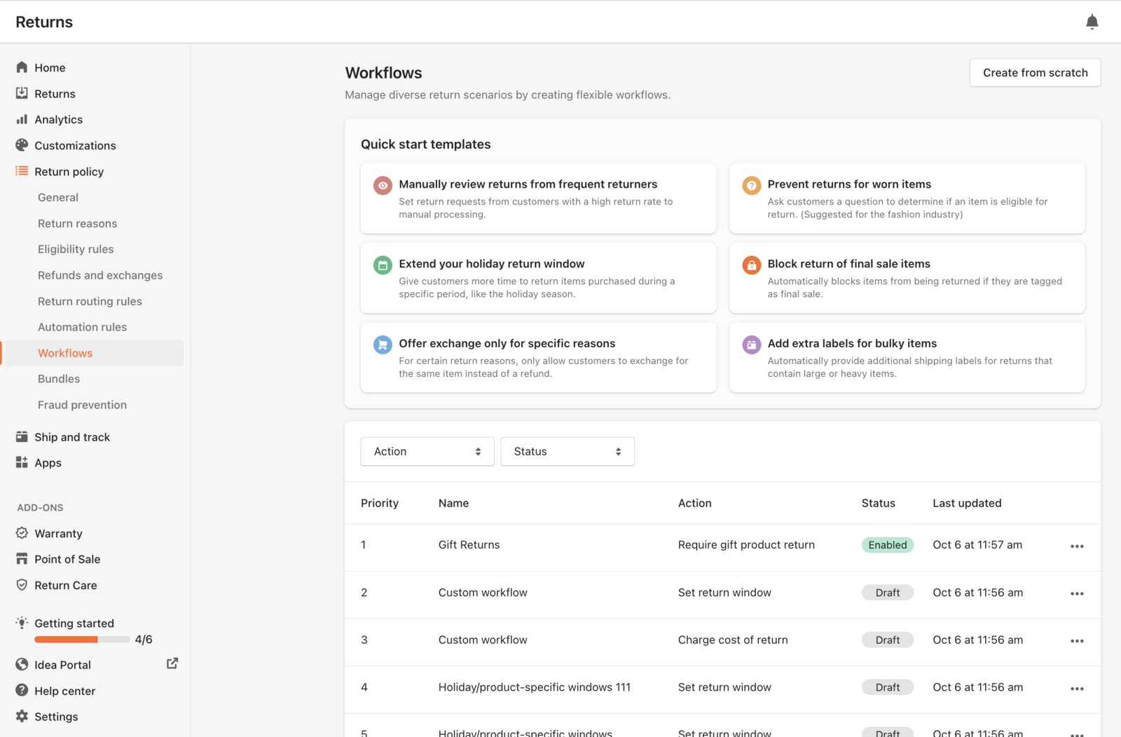 The AfterShip Returns Workflows screen, showing quick-start rule templates such as offering exchange only for specific return reasons and blocking returns of final sale items, above a prioritised list of active rules including one that charges the cost of return
