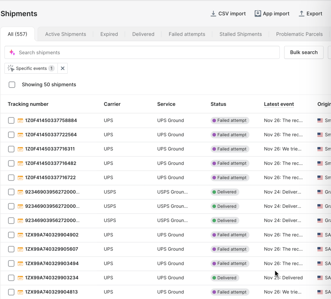 AfterShip Tracking Shipments list with saved views for active shipments, expired, delivered, failed attempts, stalled shipments and problematic parcels. A specific-events filter is applied, and the matching shipments are listed below it with their tracking number, carrier, service, status and latest event, most of them carrying a failed attempt status.