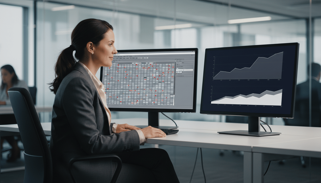 An operations manager at a desk with two monitors, one showing a dense legacy tracking interface flagged with alerts, the other a clean modern analytics dashboard