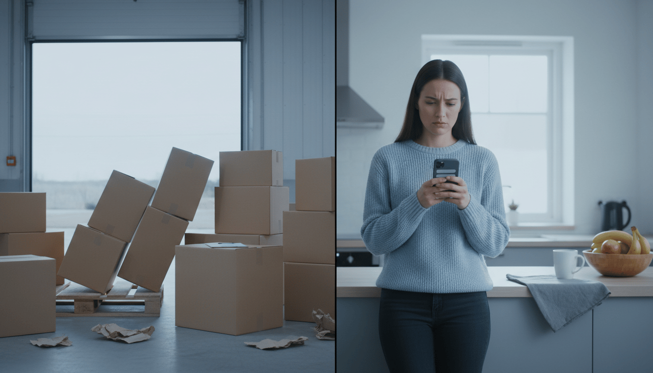 A warehouse receiving area with cartons toppling from uneven stacks and packing material scattered across the floor, beside a shopper at home looking at her phone with a frustrated expression.