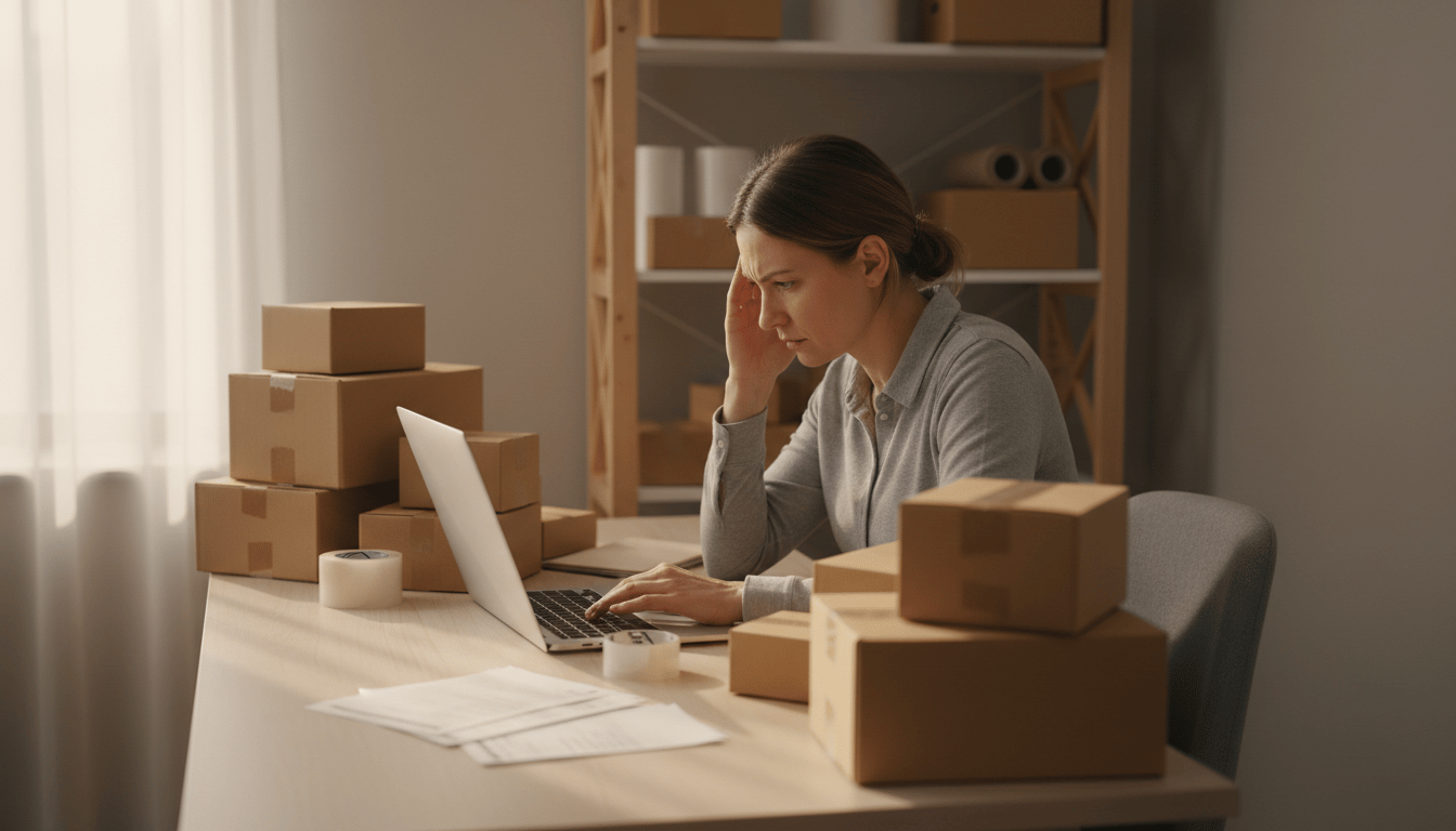 A small-business owner leans toward a laptop at a packing desk, working through a queue of customer messages about orders in transit.