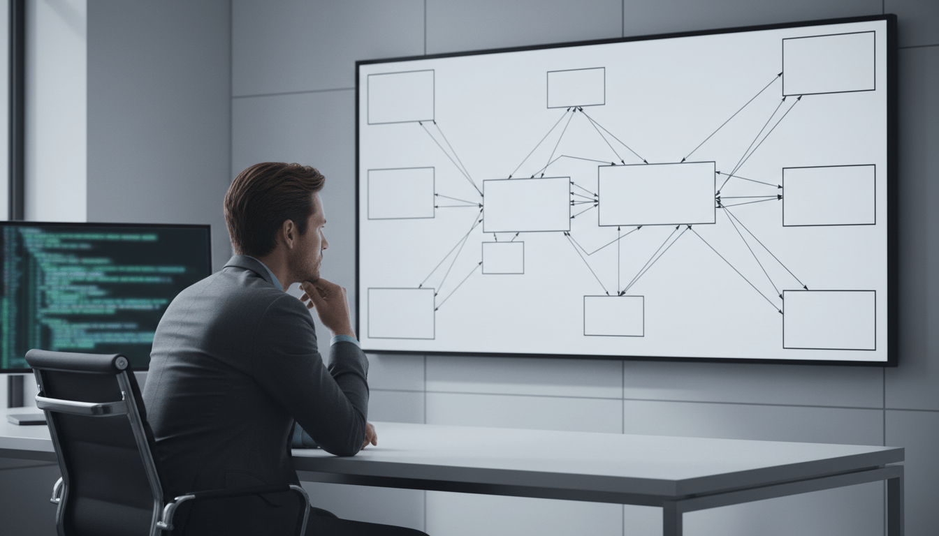 Technical eCommerce manager reviewing a system architecture diagram while evaluating Magento post-purchase integrations