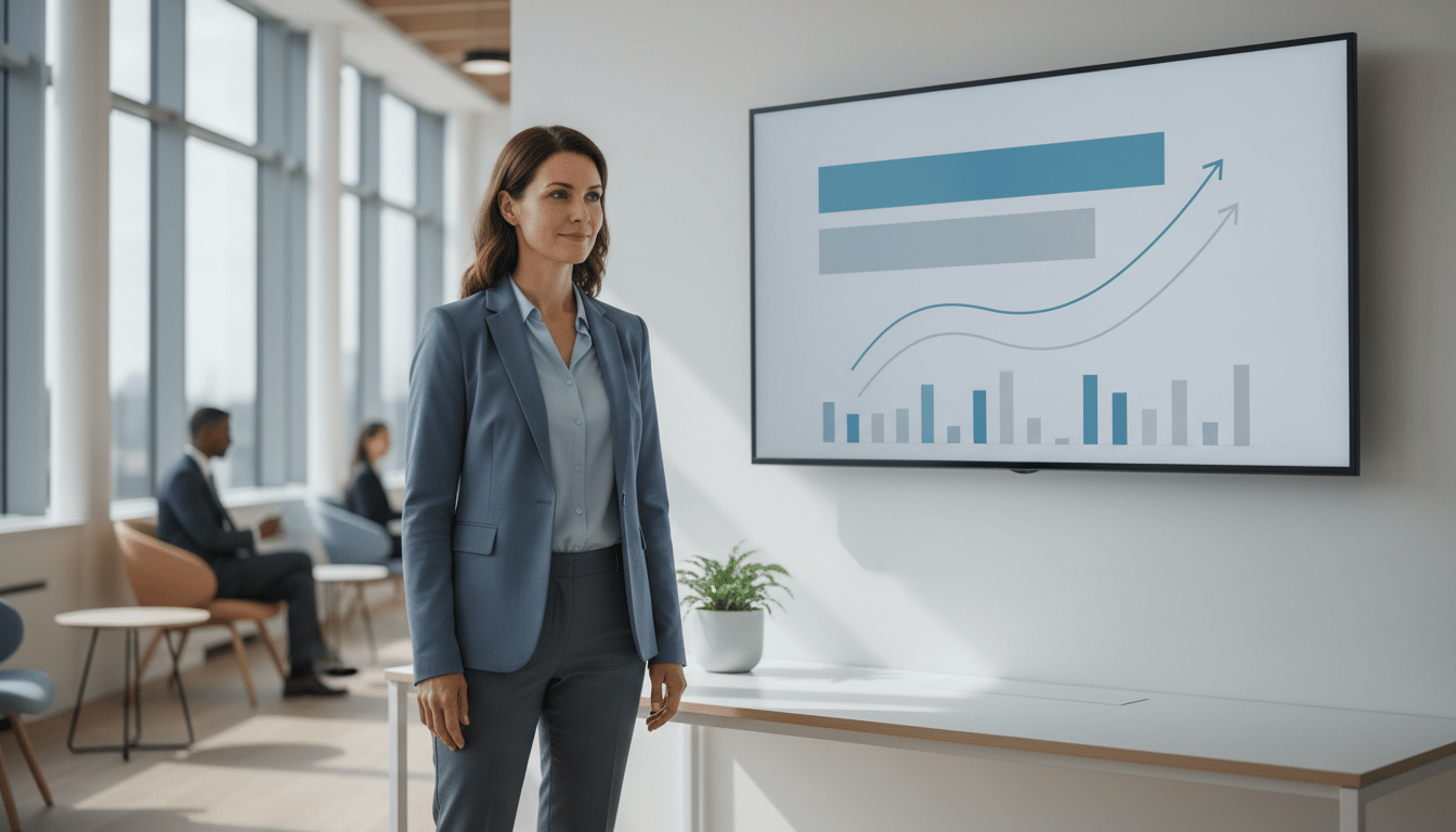 Illustration: a customer experience manager stands in a bright open-plan office beside a wall-mounted screen displaying an abstract arrangement of blue and grey bars and two rising curves.