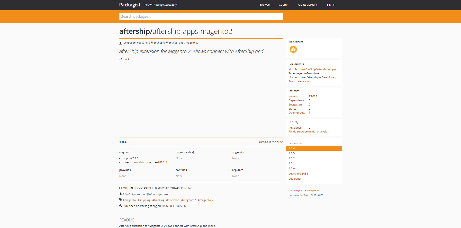 Packagist page for aftership/aftership-apps-magento2 showing version 1.0.4, MIT licence and install count