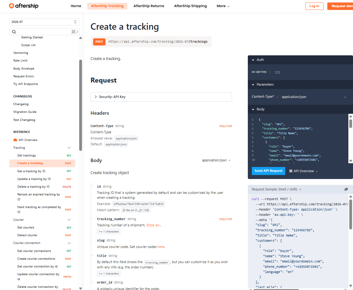 AfterShip Tracking API reference for creating a tracking, with request and response code samples