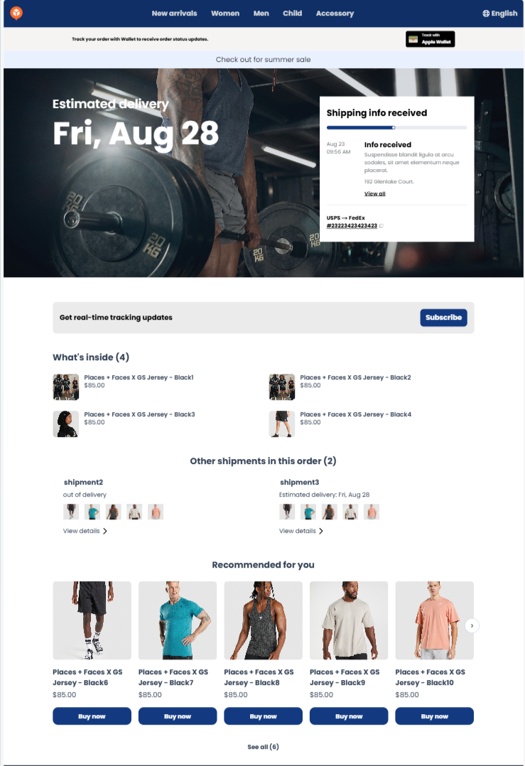 AfterShip Tracking — Branded tracking page with marketing assets and product recommendations