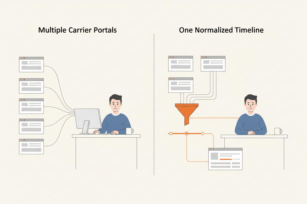 Left, five carrier portals feed one operations manager. Right, portals funnel into one timeline and a client tracking page.