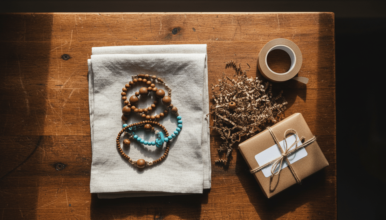 Top-down view of an Etsy seller's workbench with handmade jewelry, packing materials and a labelled parcel