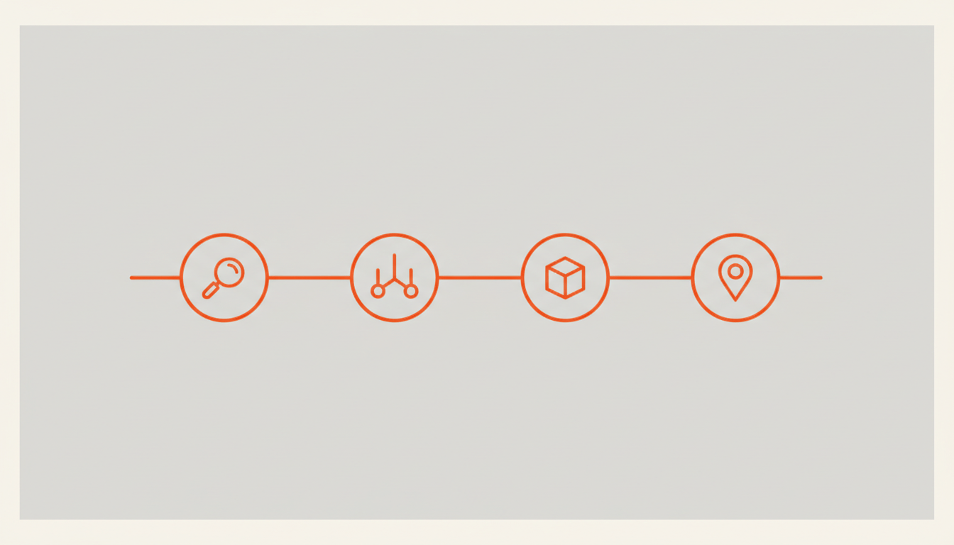Abstract four-stage diagram of the returns journey: initiate, choose a resolution, ship, and track