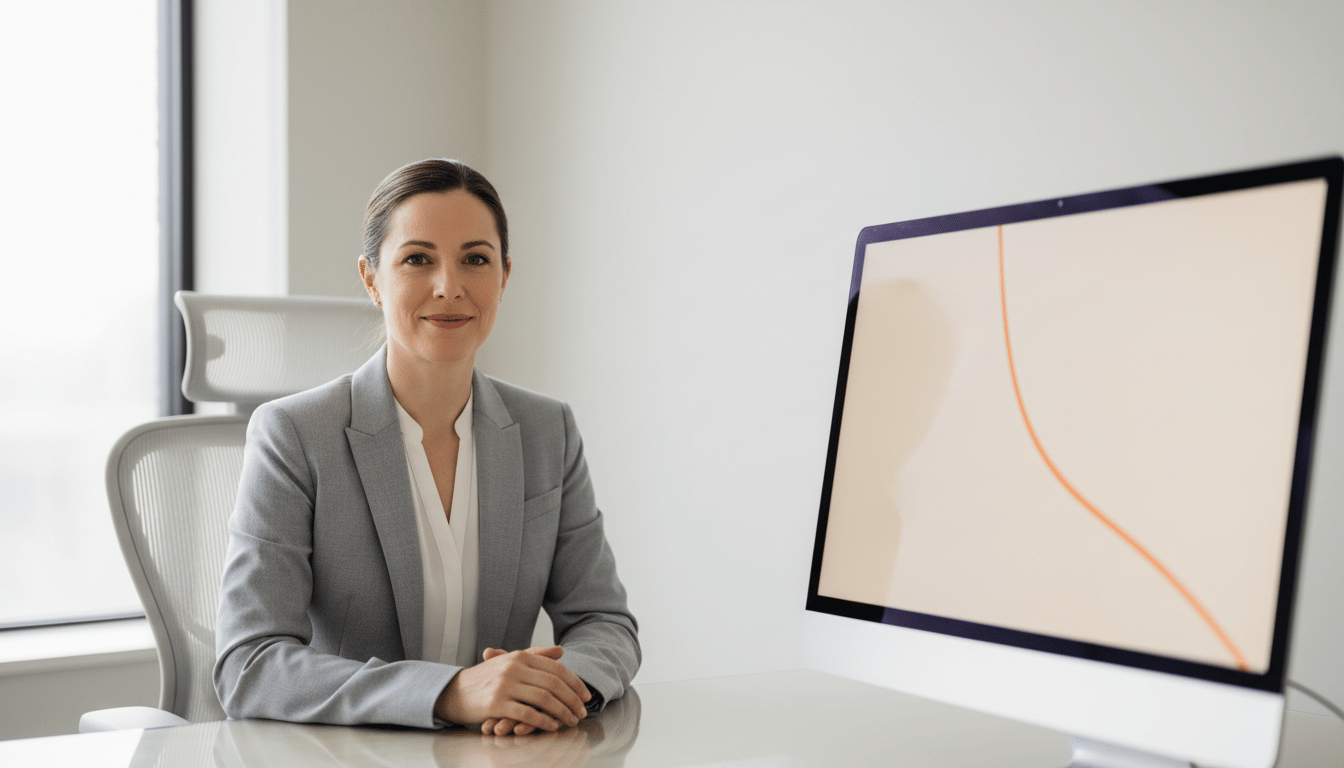 A customer experience lead at her desk, with a declining support trend chart on the monitor beside her