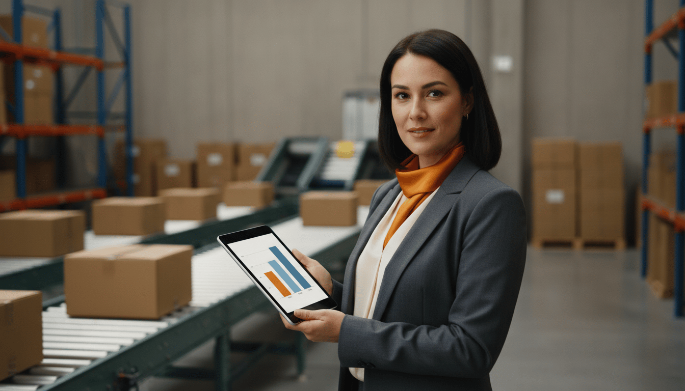 eCommerce operations director holding a tablet showing a shipment chart beside a warehouse conveyor line
